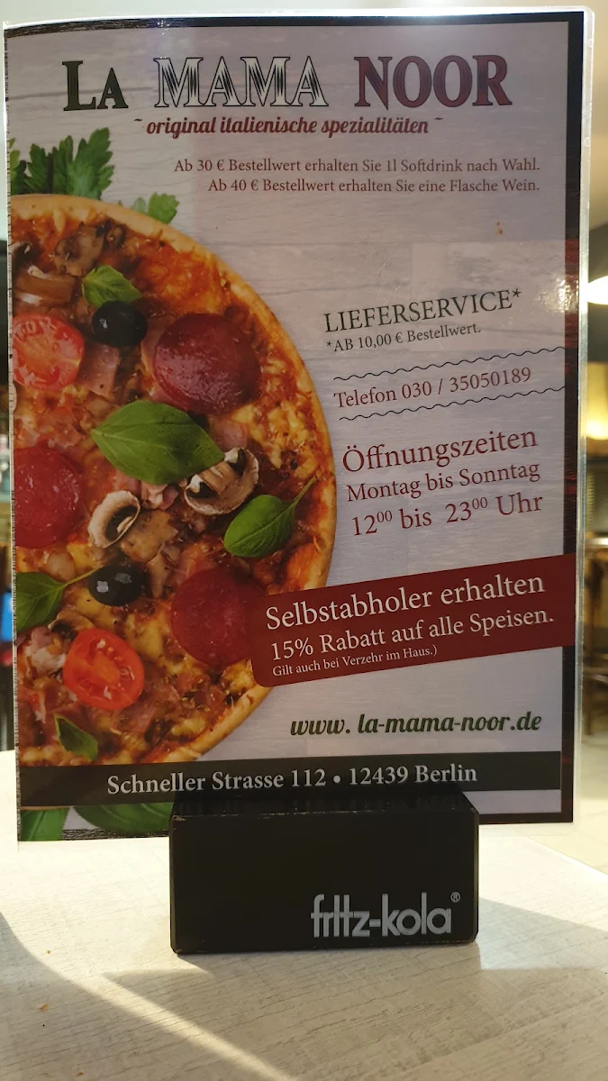 Speisekarte, Pizzeria La MaMa Noor Berlin