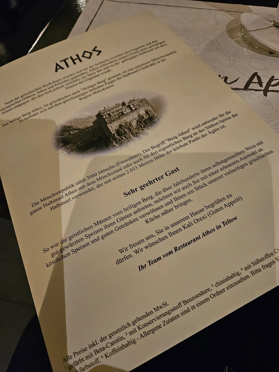 Speisekarte, Restaurant Athos Teltow
