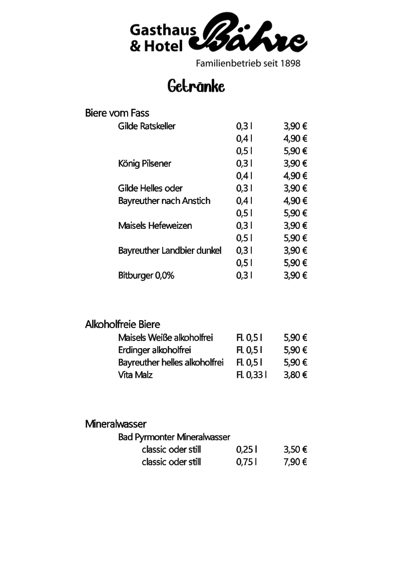Speisekarte, Gasthaus Bähre