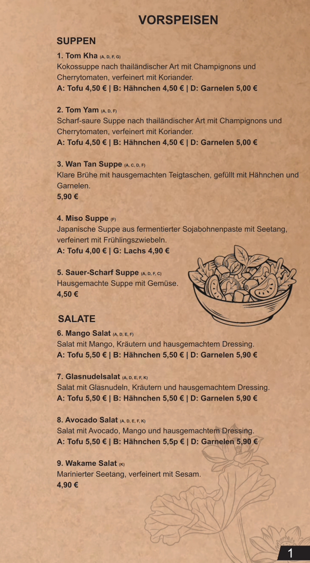 Speisekarte, TokySen Restaurant