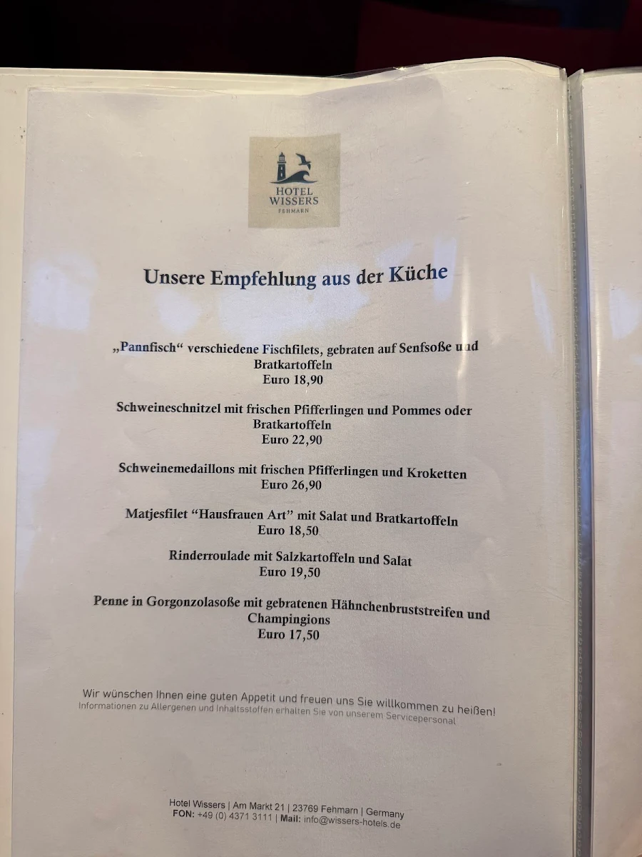 Speisekarte, Wissers Restaurant