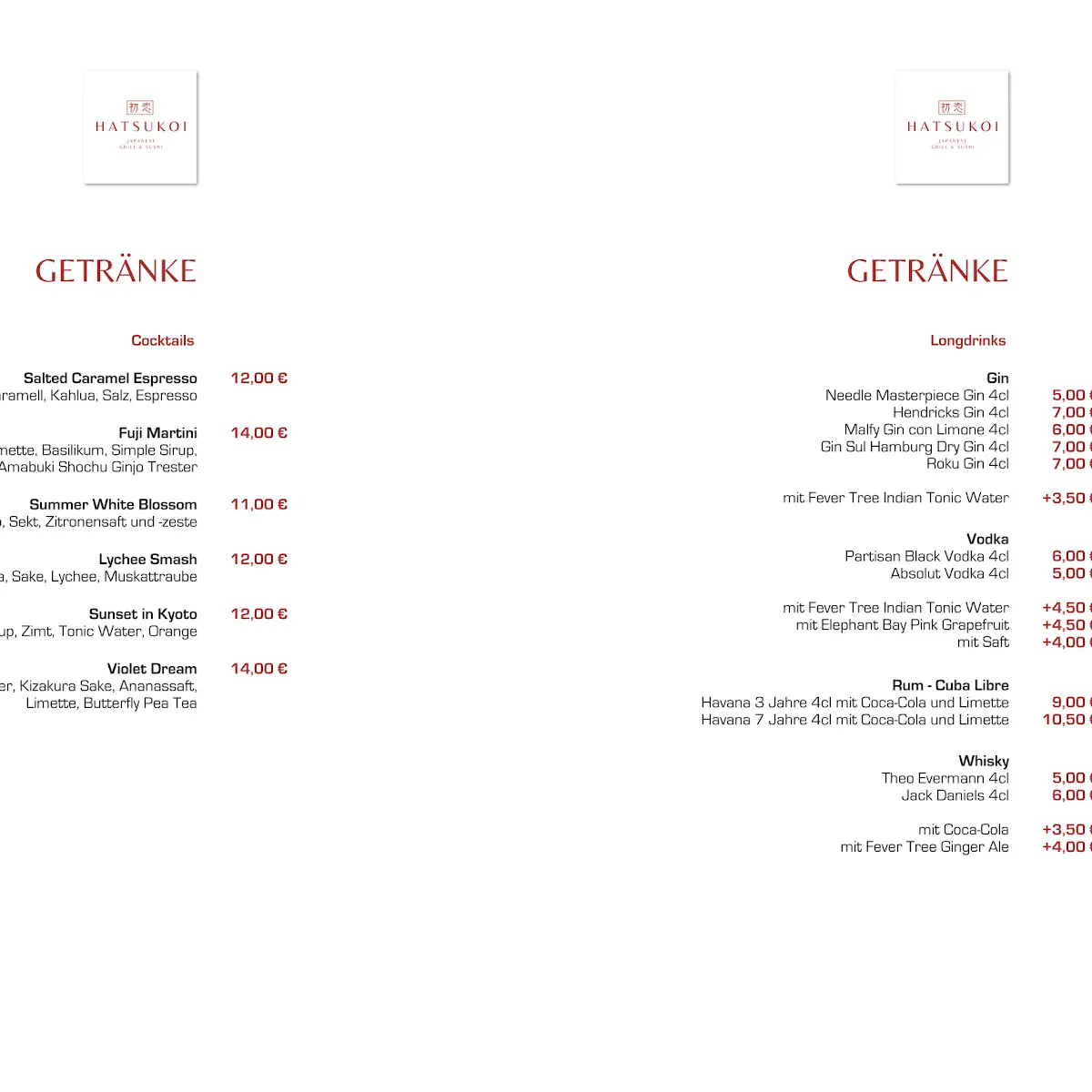 Speisekarte, Hatsukoi Hamburg - japanese grill & sushi