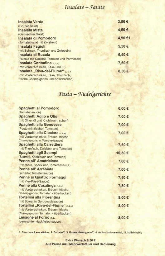 Speisekarte, Riva del Fiume