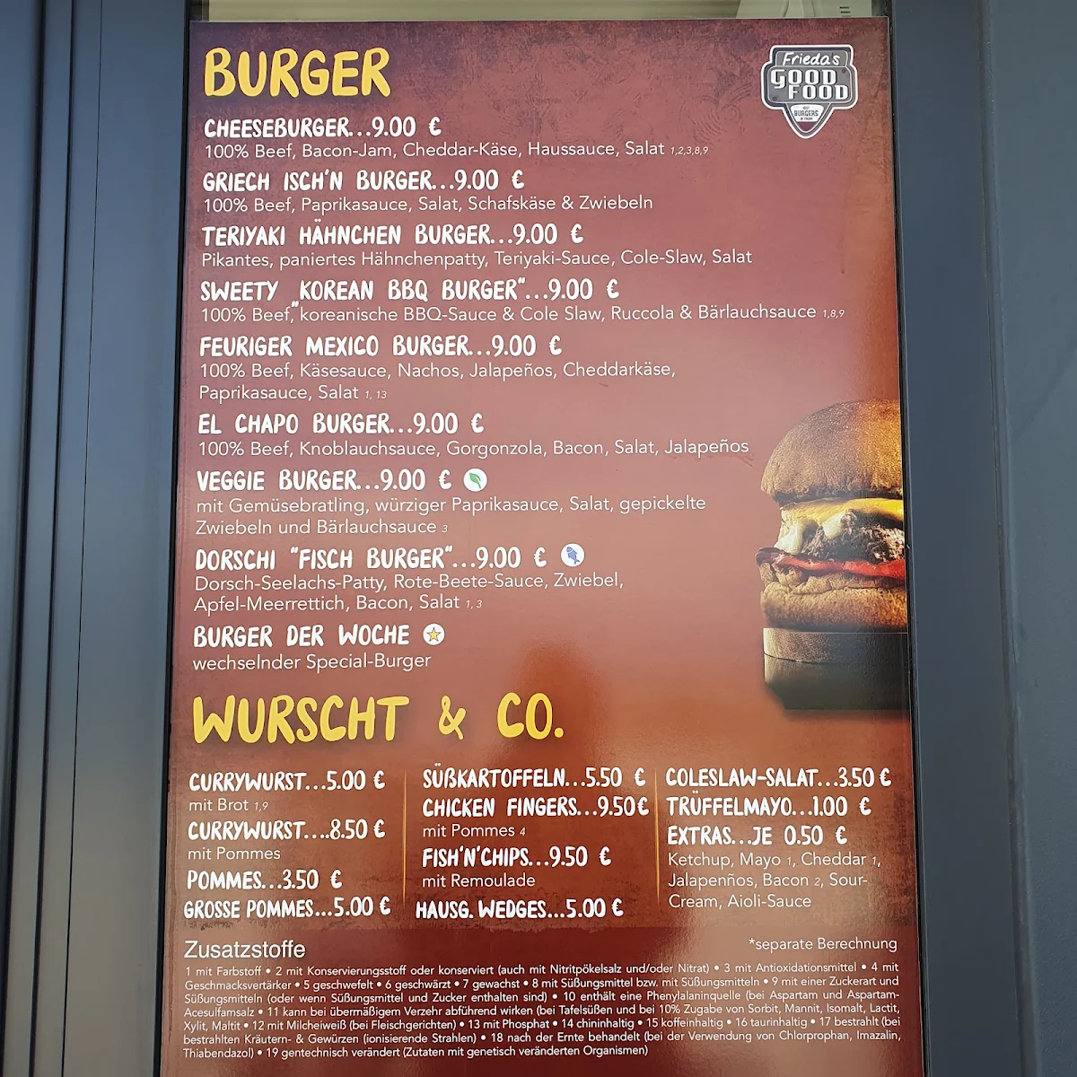 Speisekarte, Burger, Wurscht & Co. - Frieda's Good Food Imbiss