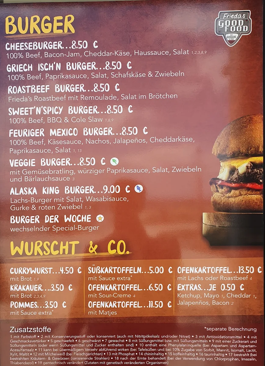 Speisekarte, Burger, Wurscht & Co. - Frieda's Good Food Imbiss