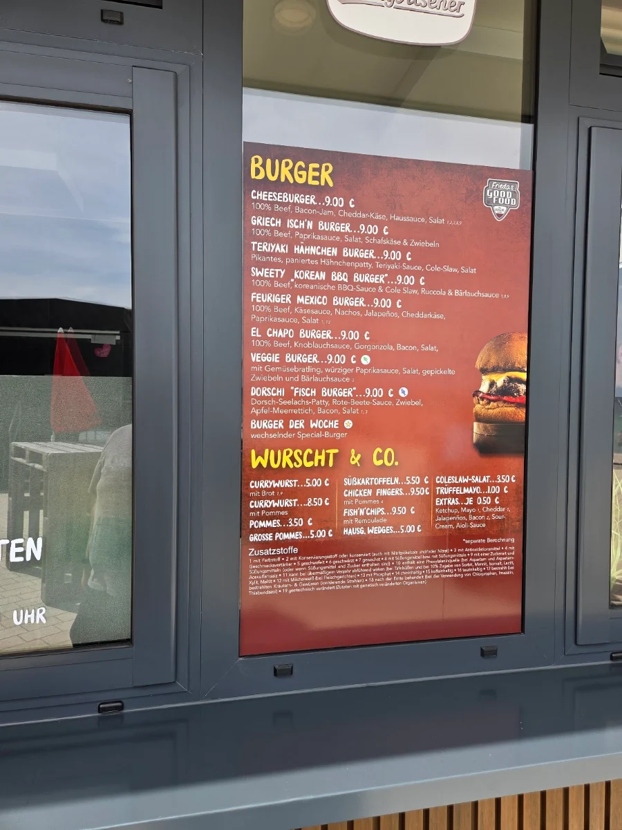 Speisekarte, Burger, Wurscht & Co. - Frieda's Good Food Imbiss