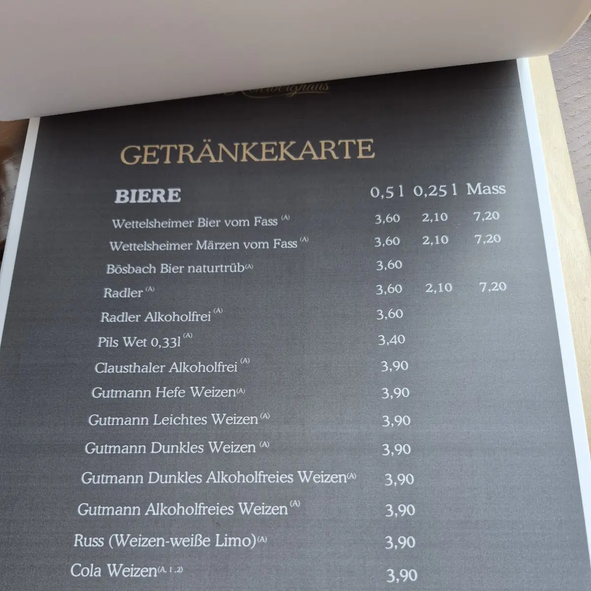 Speisekarte, Zum Rohrberghaus
