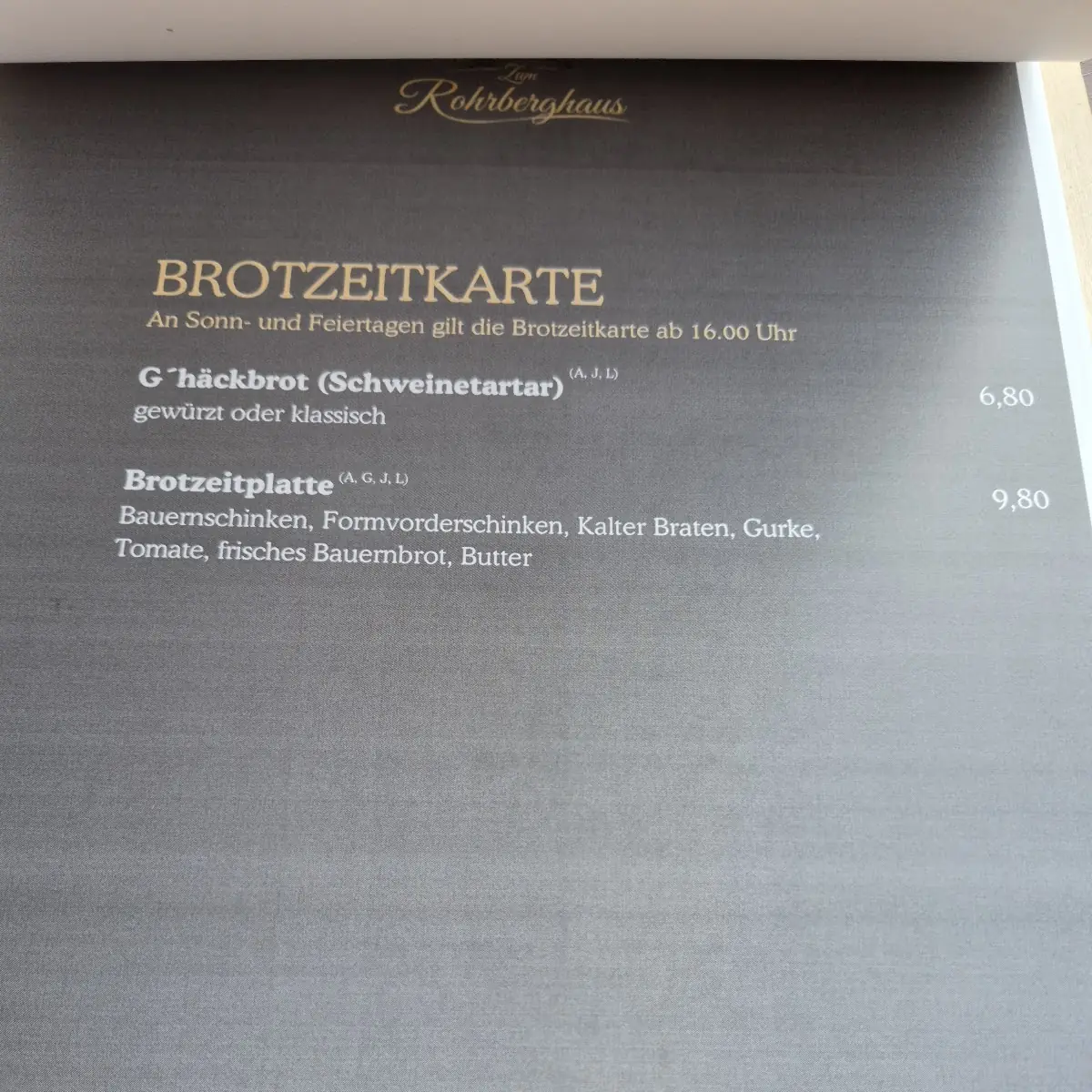 Speisekarte, Zum Rohrberghaus