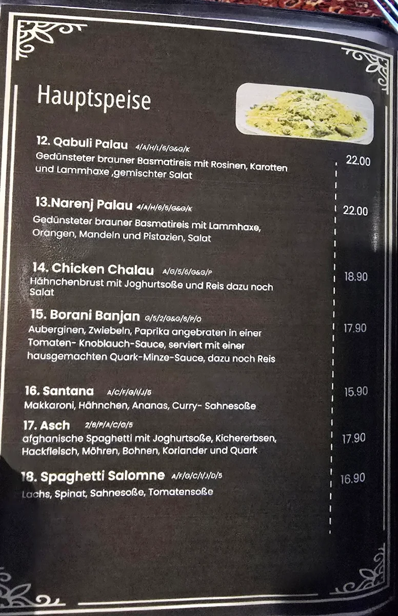 Speisekarte, Lutf Restaurant- Afghanische Gerichte