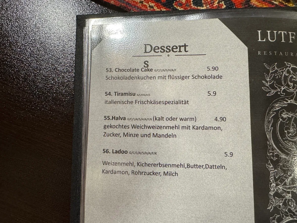 Speisekarte, Lutf Restaurant- Afghanische Gerichte