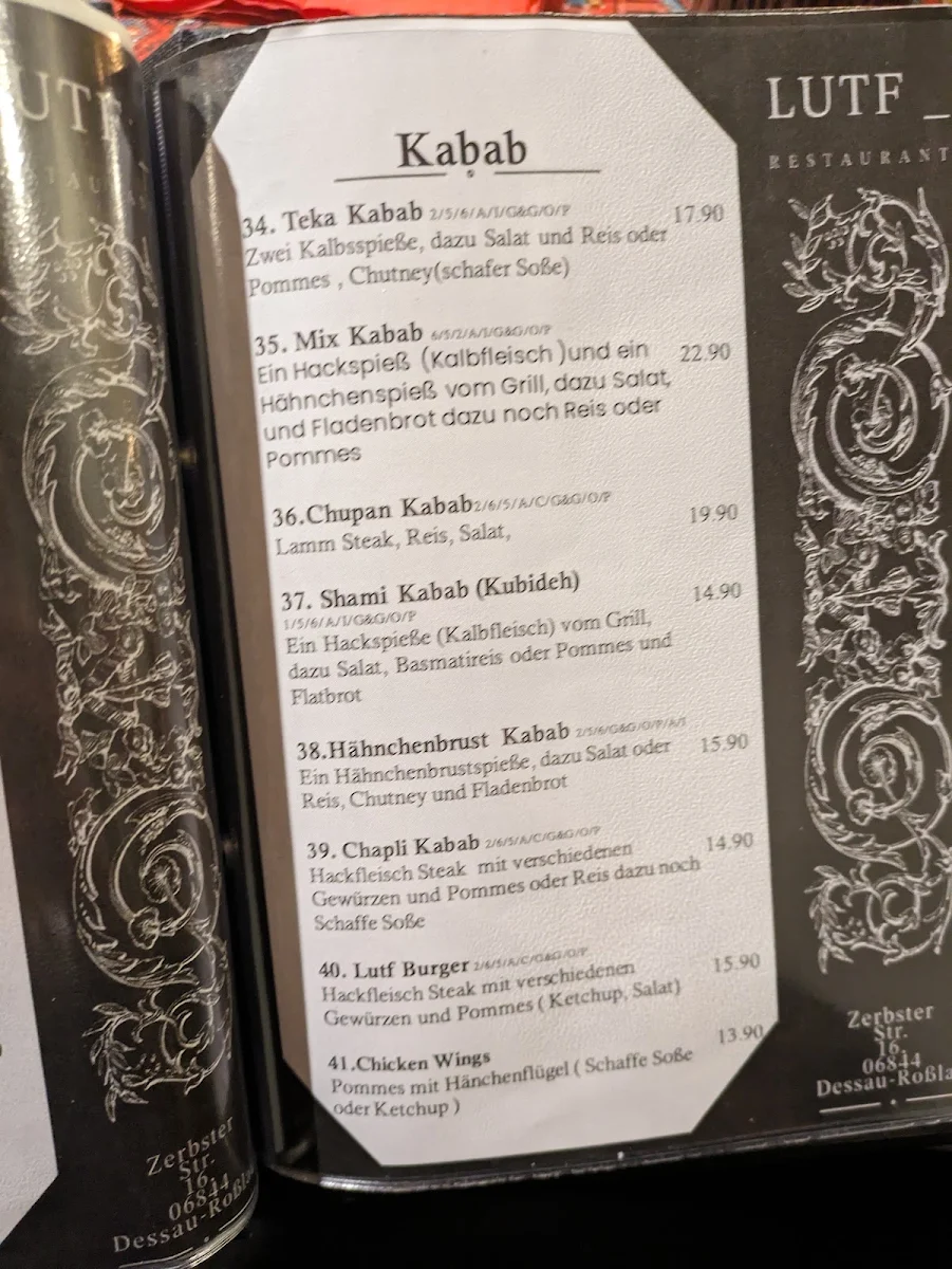 Speisekarte, Lutf Restaurant- Afghanische Gerichte