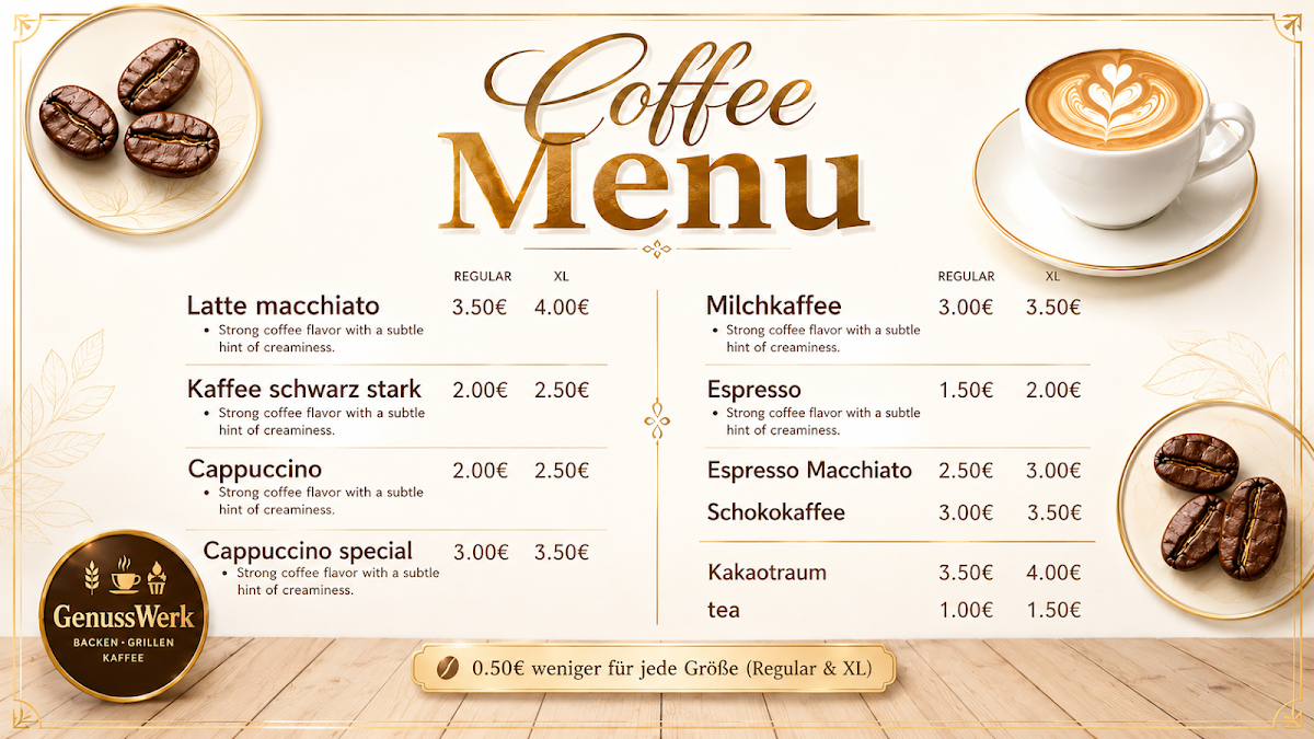 Speisekarte, Genuss Werk Restaurant