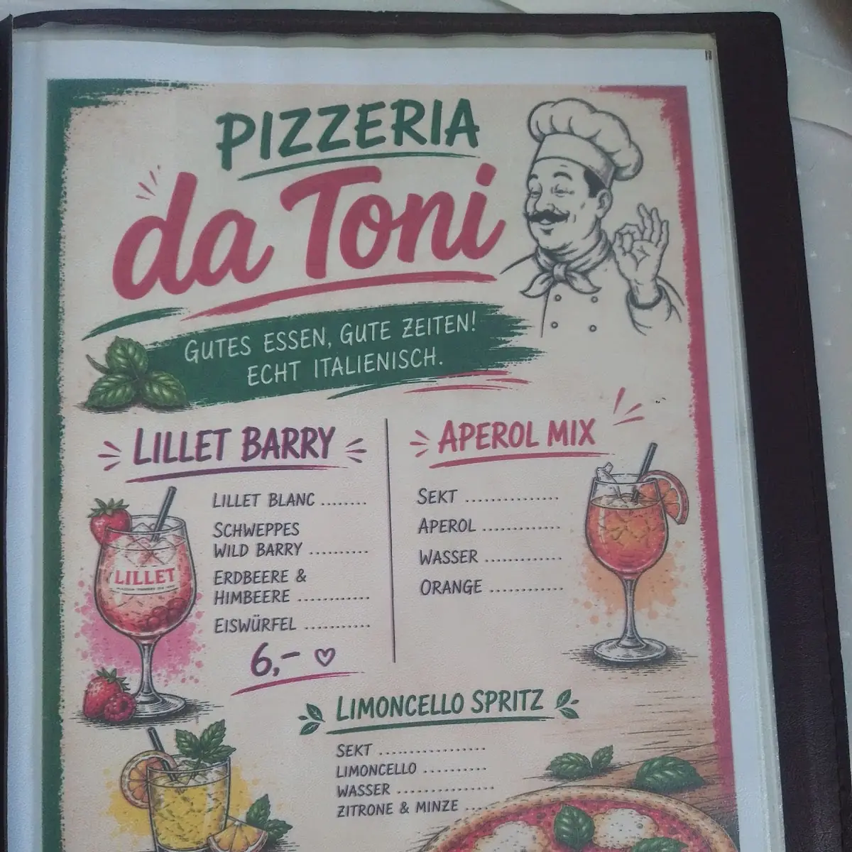 Speisekarte, Pizzeria da Toni