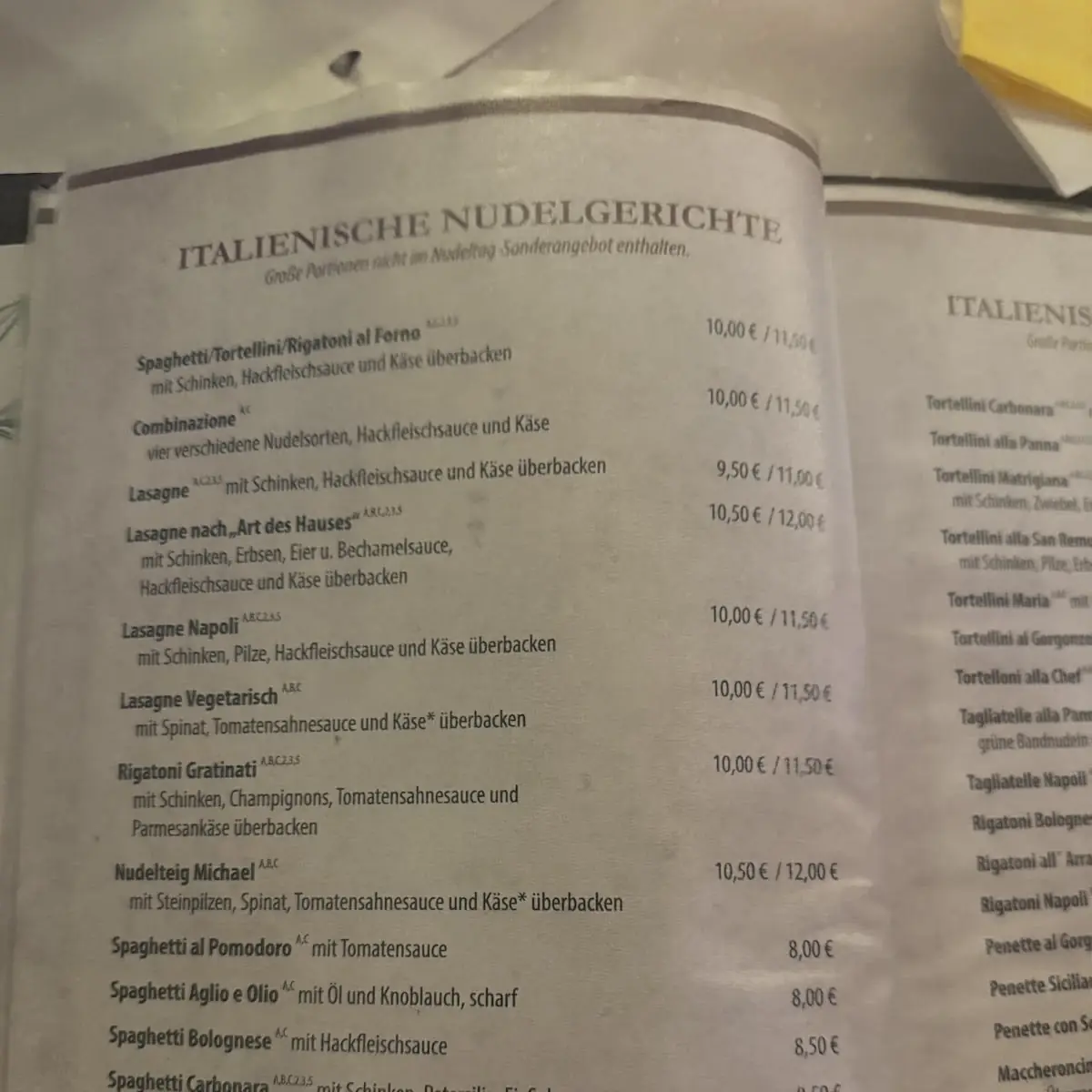 Speisekarte, Pizzeria da Toni