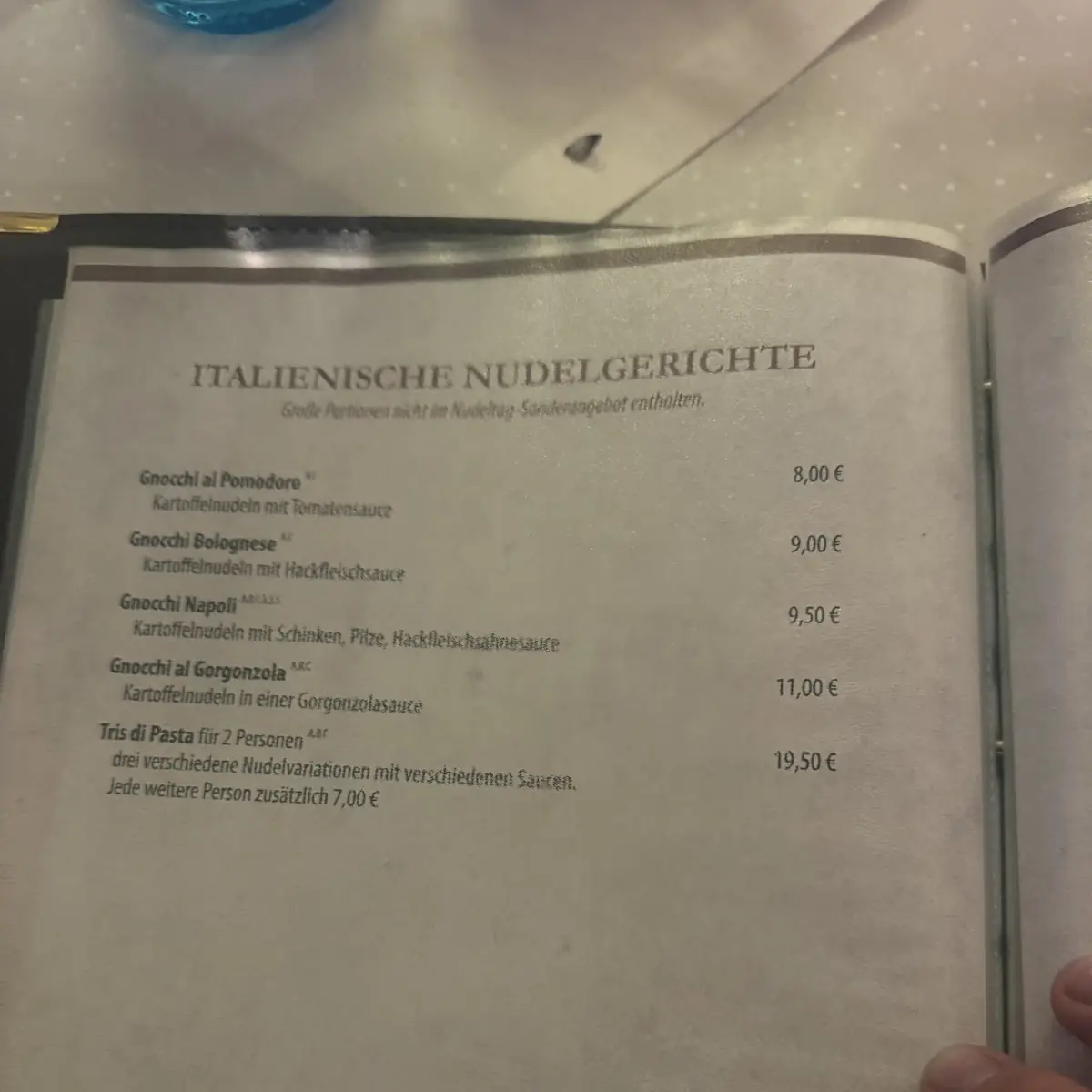 Speisekarte, Pizzeria da Toni