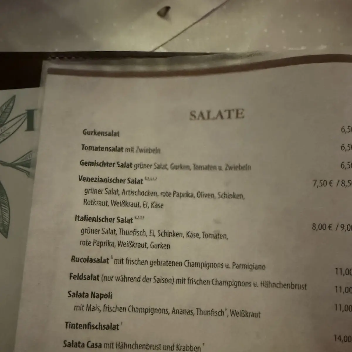 Speisekarte, Pizzeria da Toni