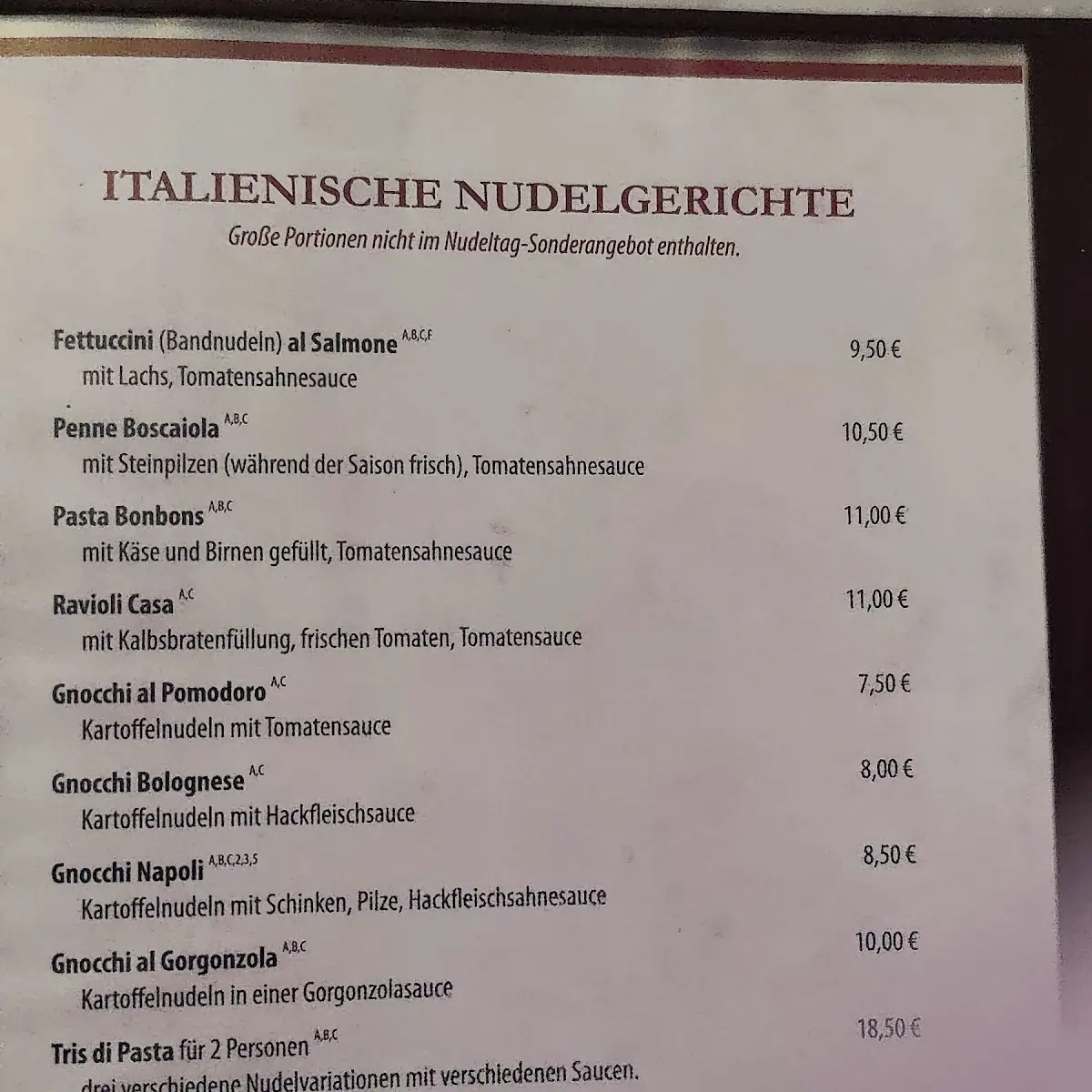 Speisekarte, Pizzeria da Toni