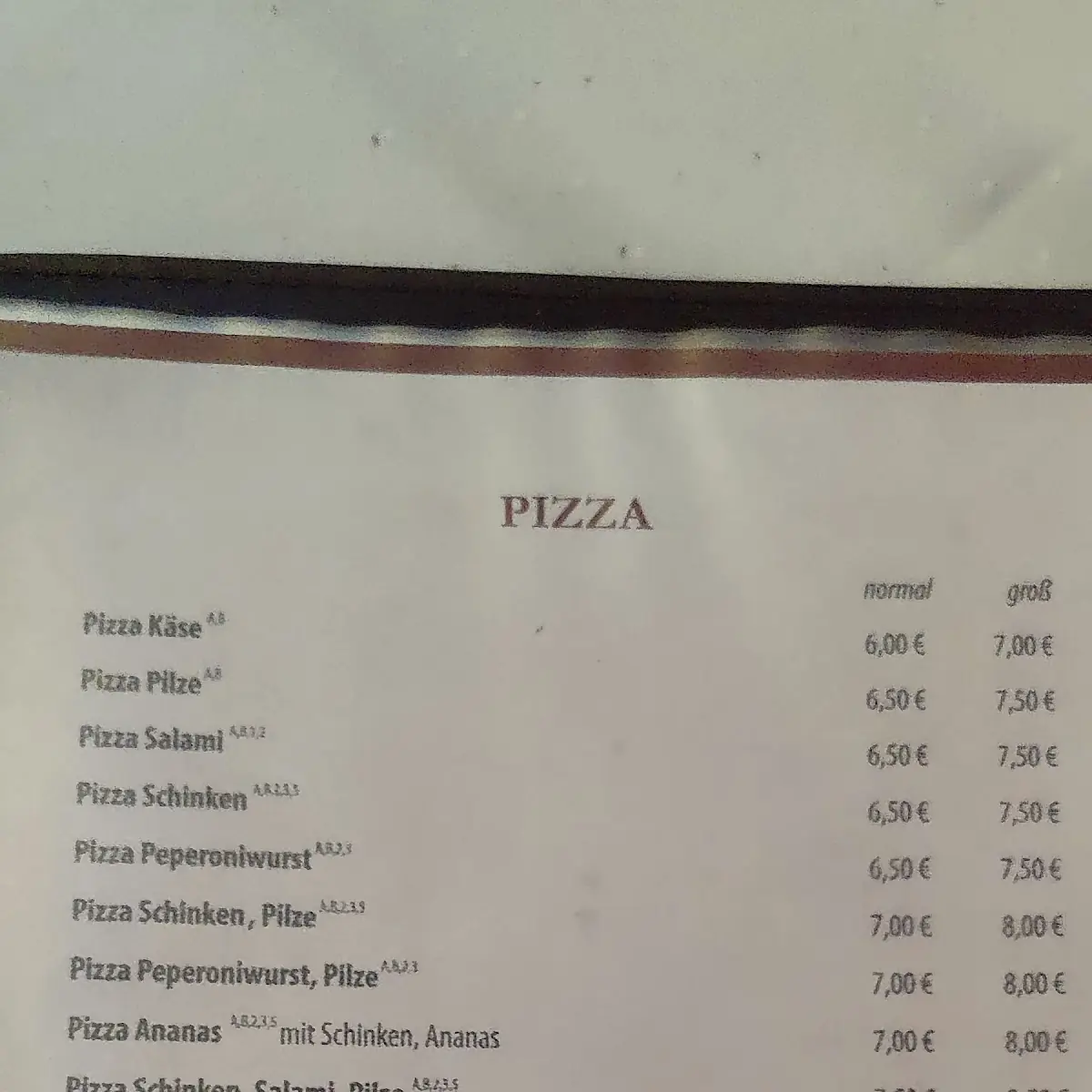 Speisekarte, Pizzeria da Toni