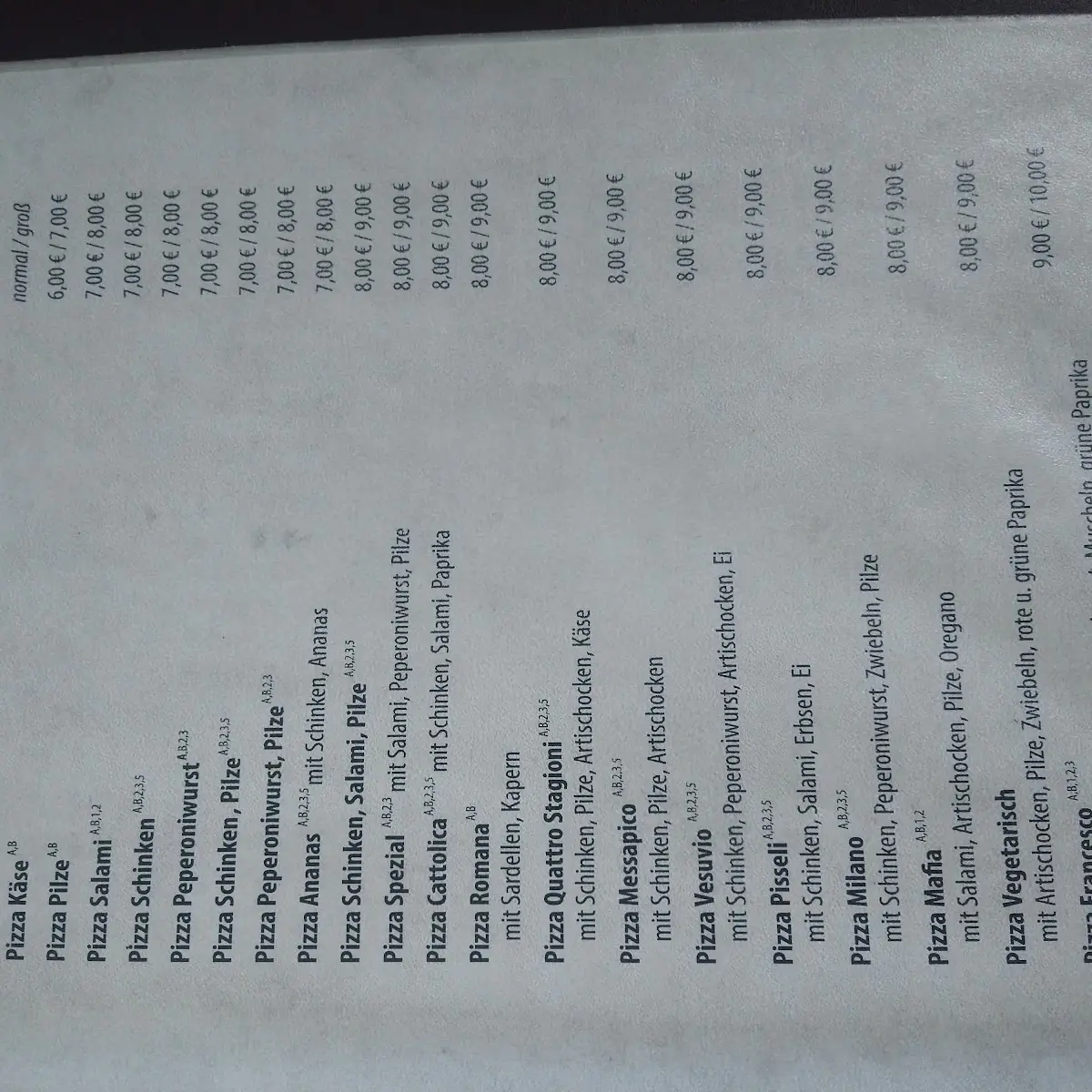 Speisekarte, Pizzeria da Toni