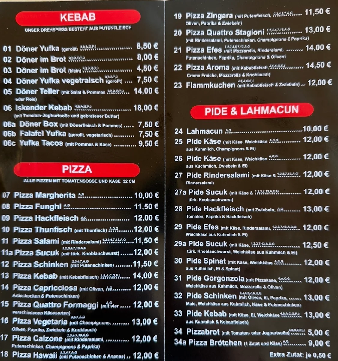 Speisekarte, Efes Kebab und Pizza Haus