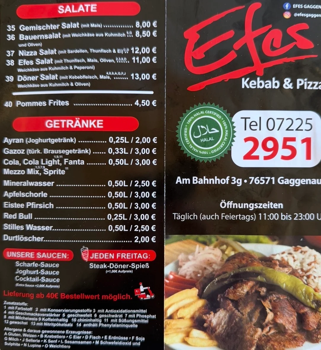 Speisekarte, Efes Kebab und Pizza Haus
