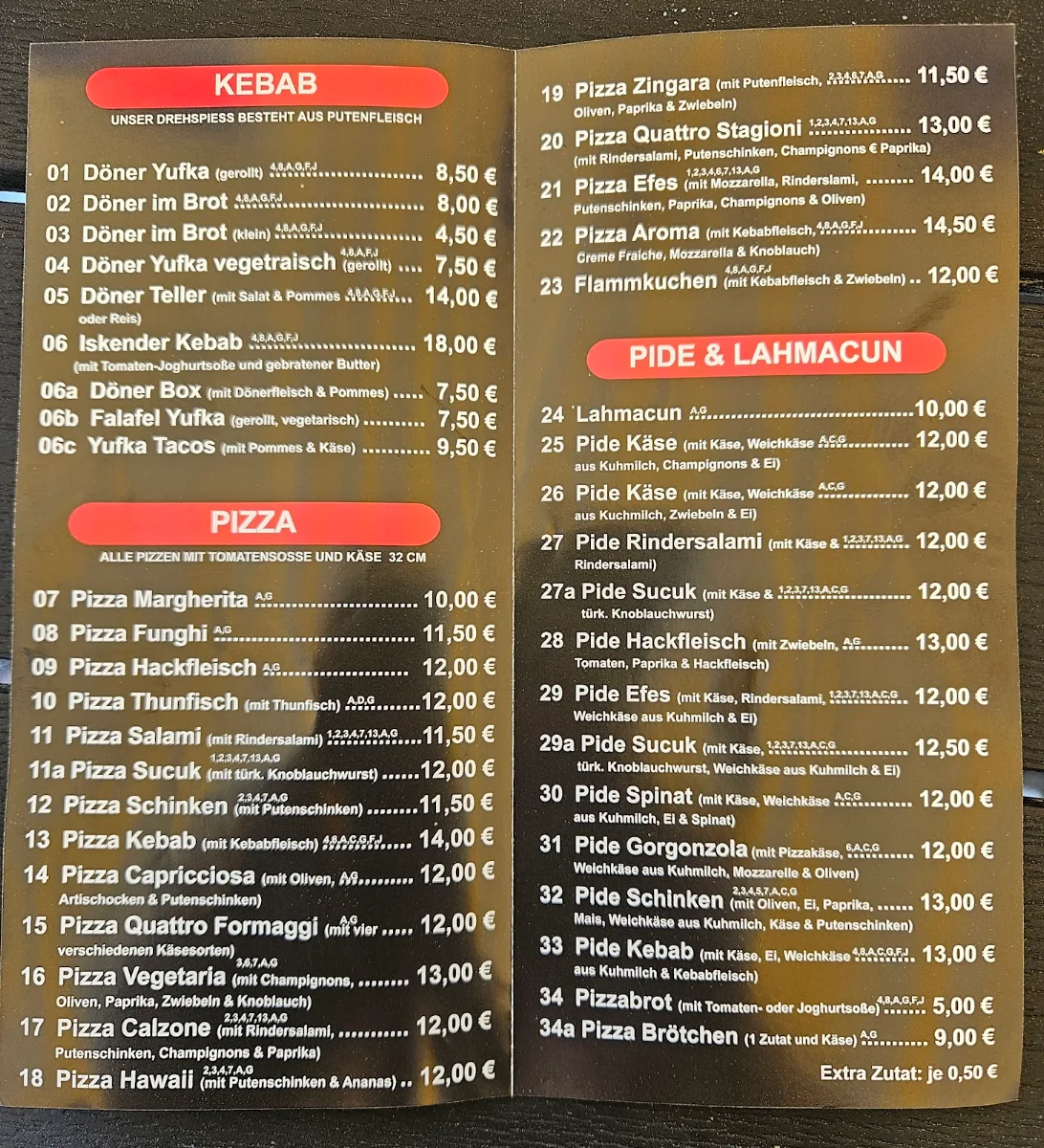 Speisekarte, Efes Kebab und Pizza Haus