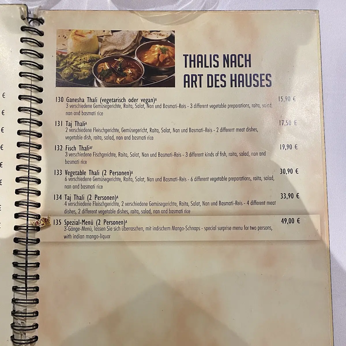 Speisekarte, TAJ MAHAL – Indisches Spezialitätenrestaurant u. Biergarten
