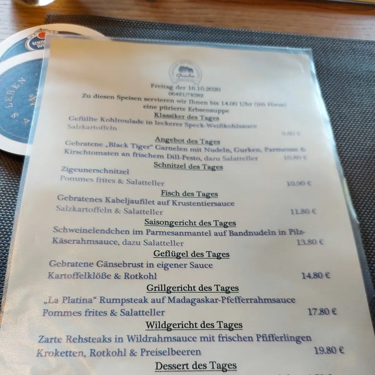 Speisekarte, Gasthof Grebe