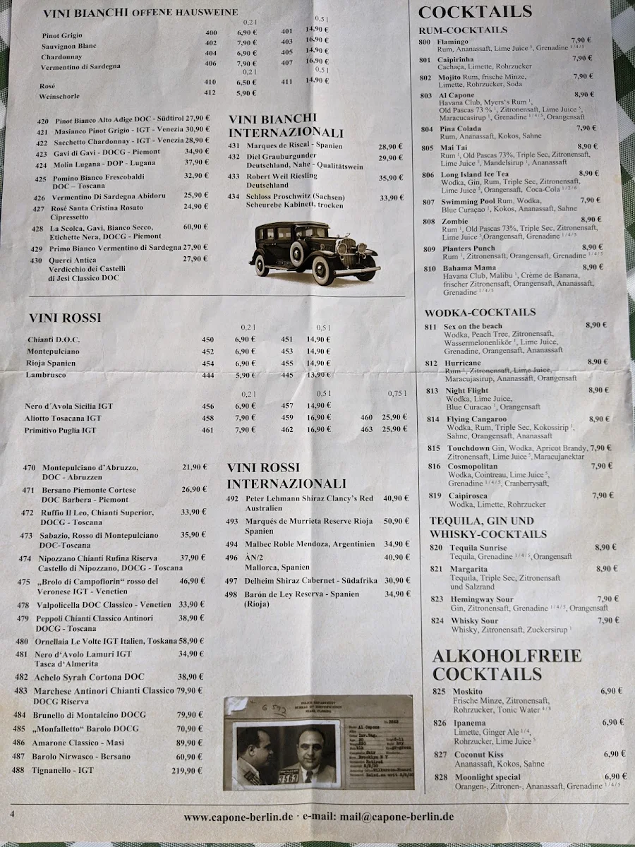 Speisekarte, Restaurant Capone