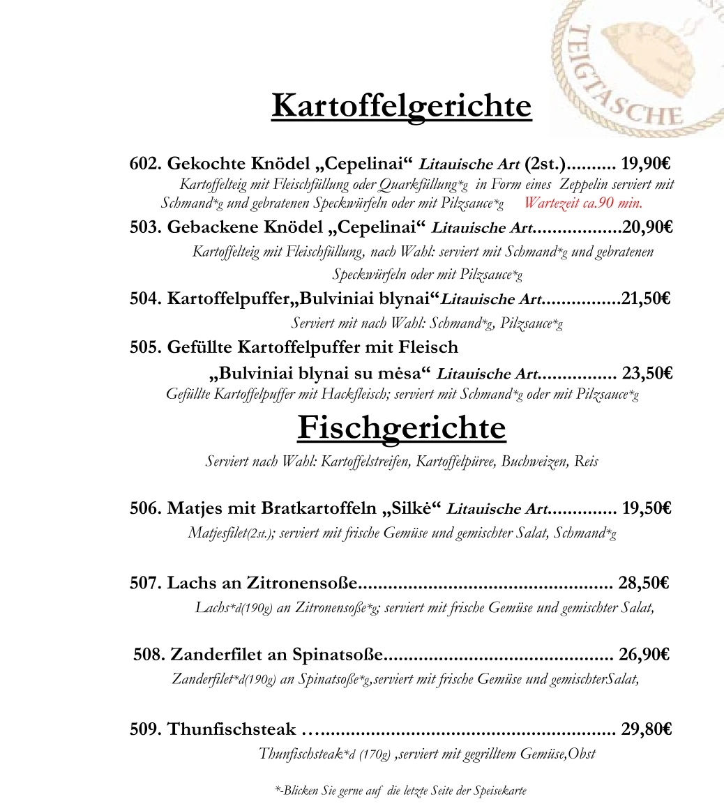 Speisekarte, Restaurant Teigtasche