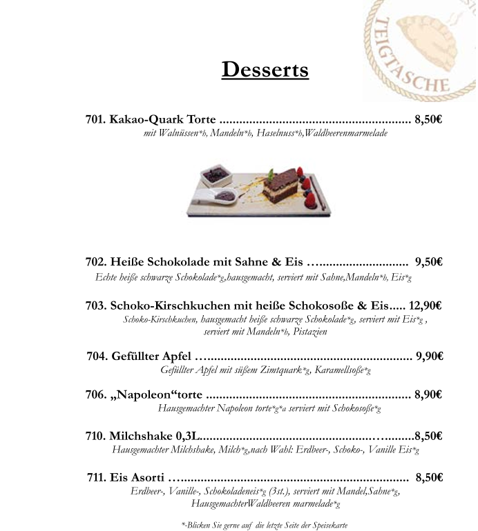 Speisekarte, Restaurant Teigtasche