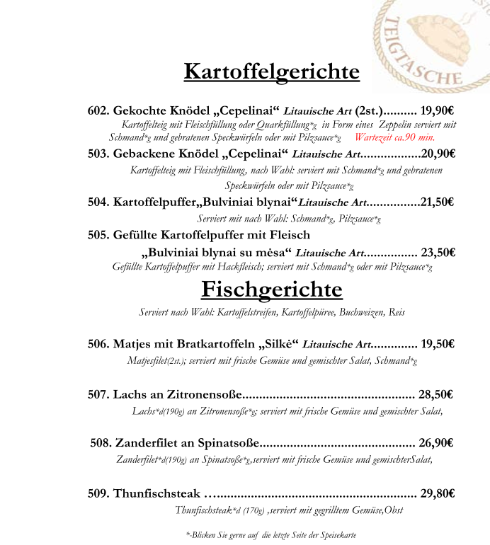 Speisekarte, Restaurant Teigtasche