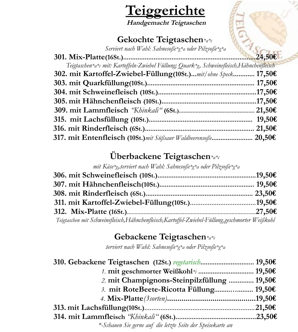 Speisekarte, Restaurant Teigtasche