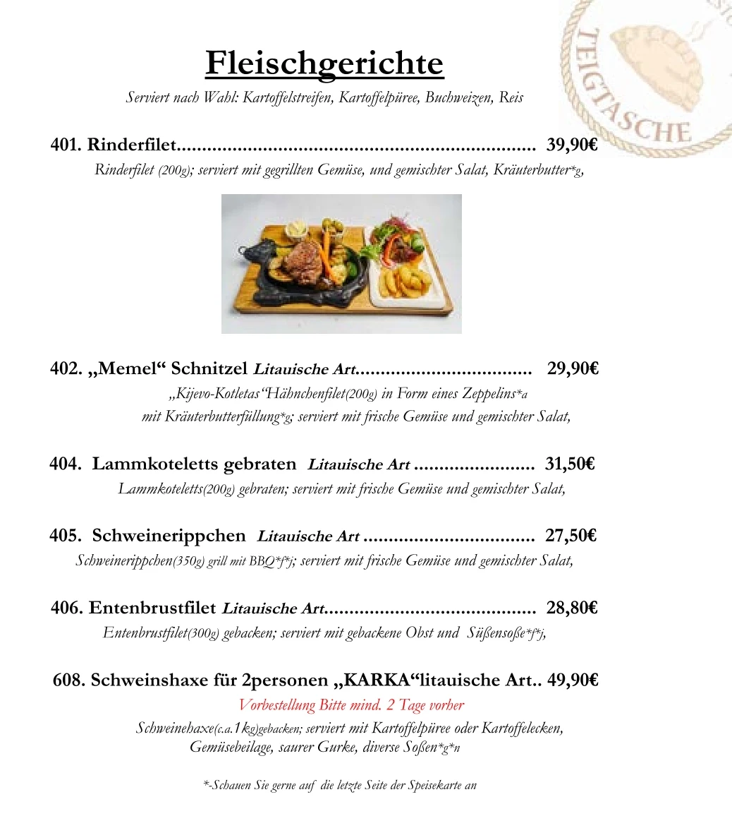 Speisekarte, Restaurant Teigtasche