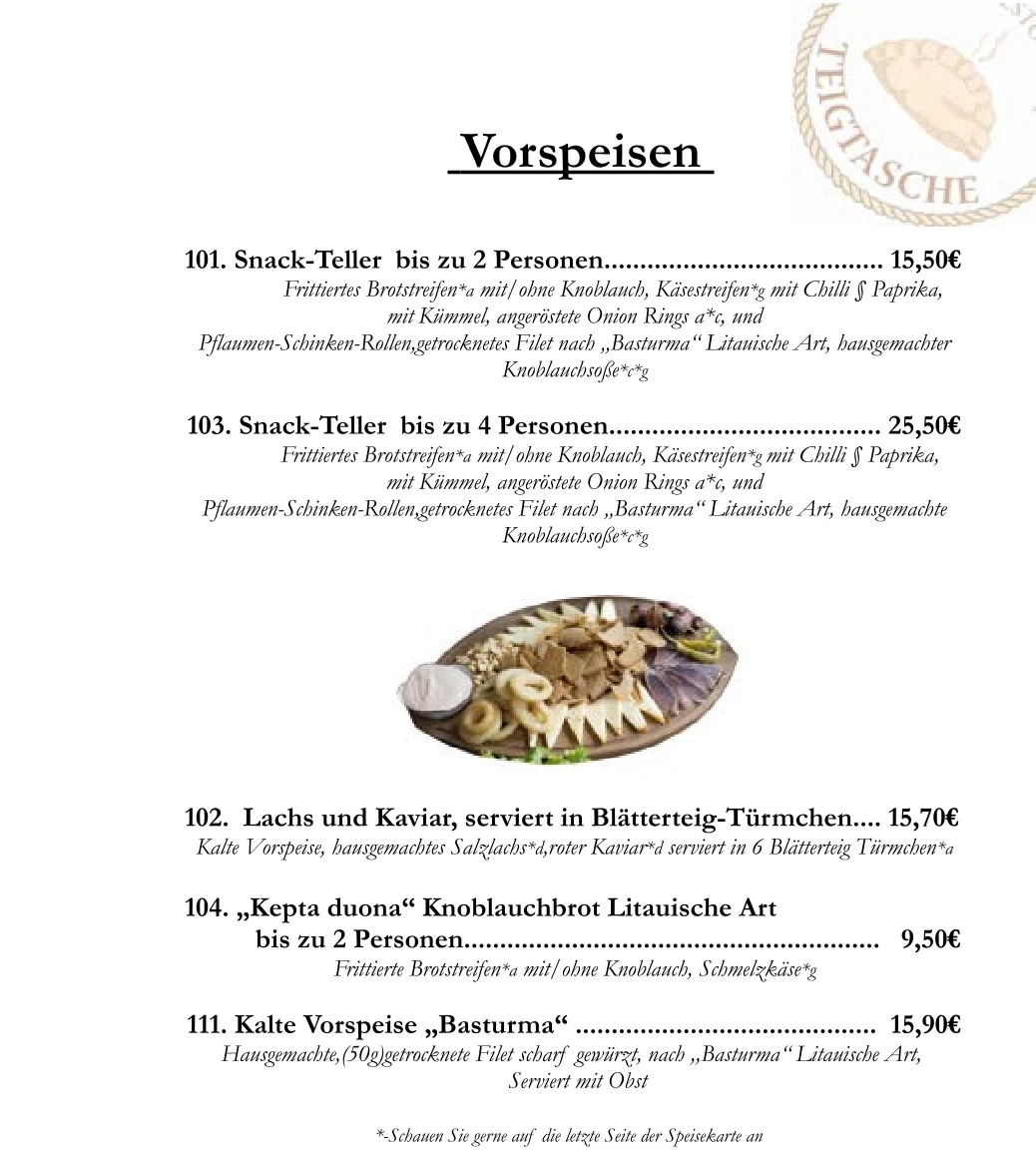 Speisekarte, Restaurant Teigtasche