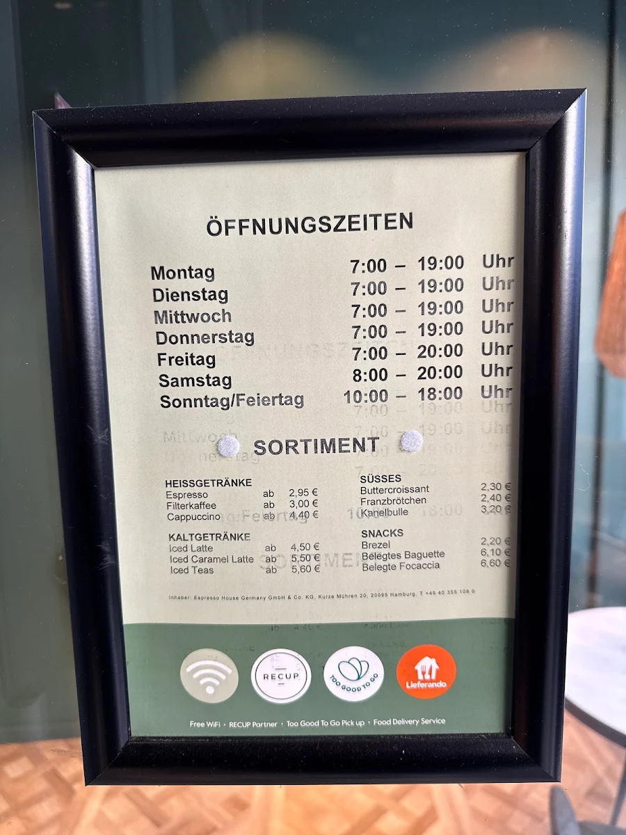 Speisekarte, Espresso House