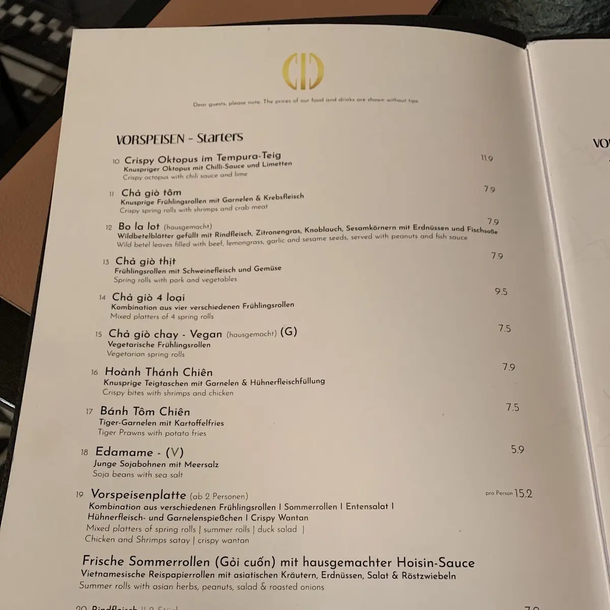 Speisekarte, Indochine im Ingolstadt Village