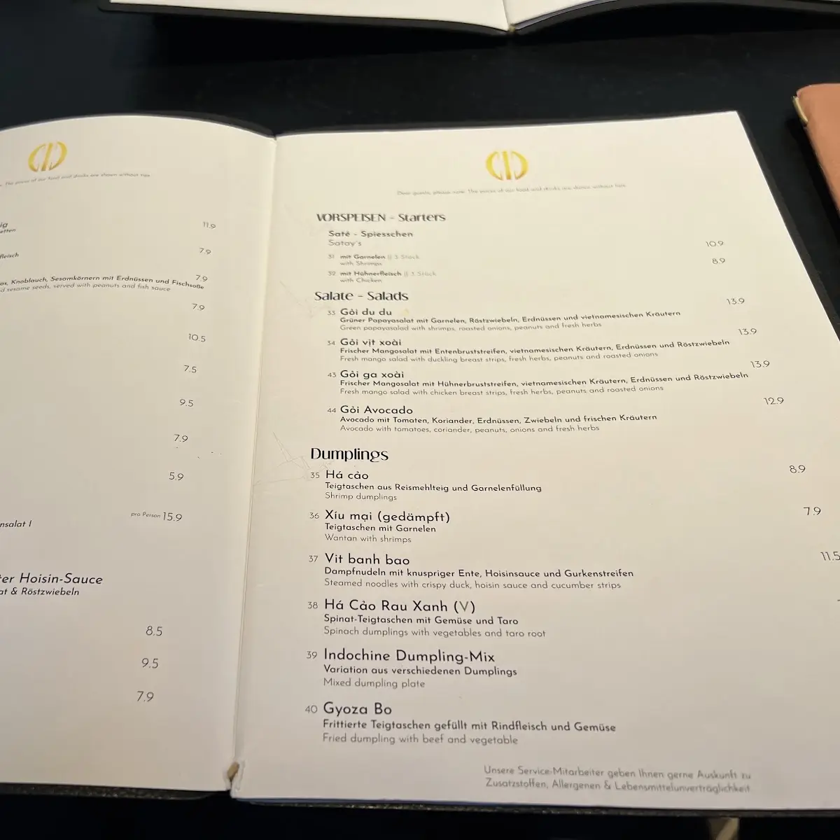 Speisekarte, Indochine im Ingolstadt Village