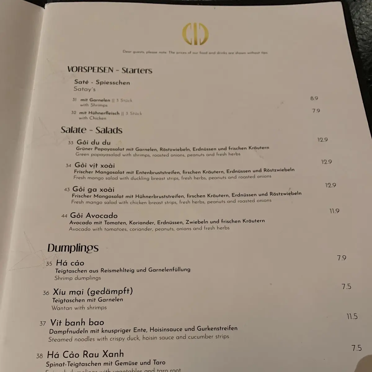 Speisekarte, Indochine im Ingolstadt Village