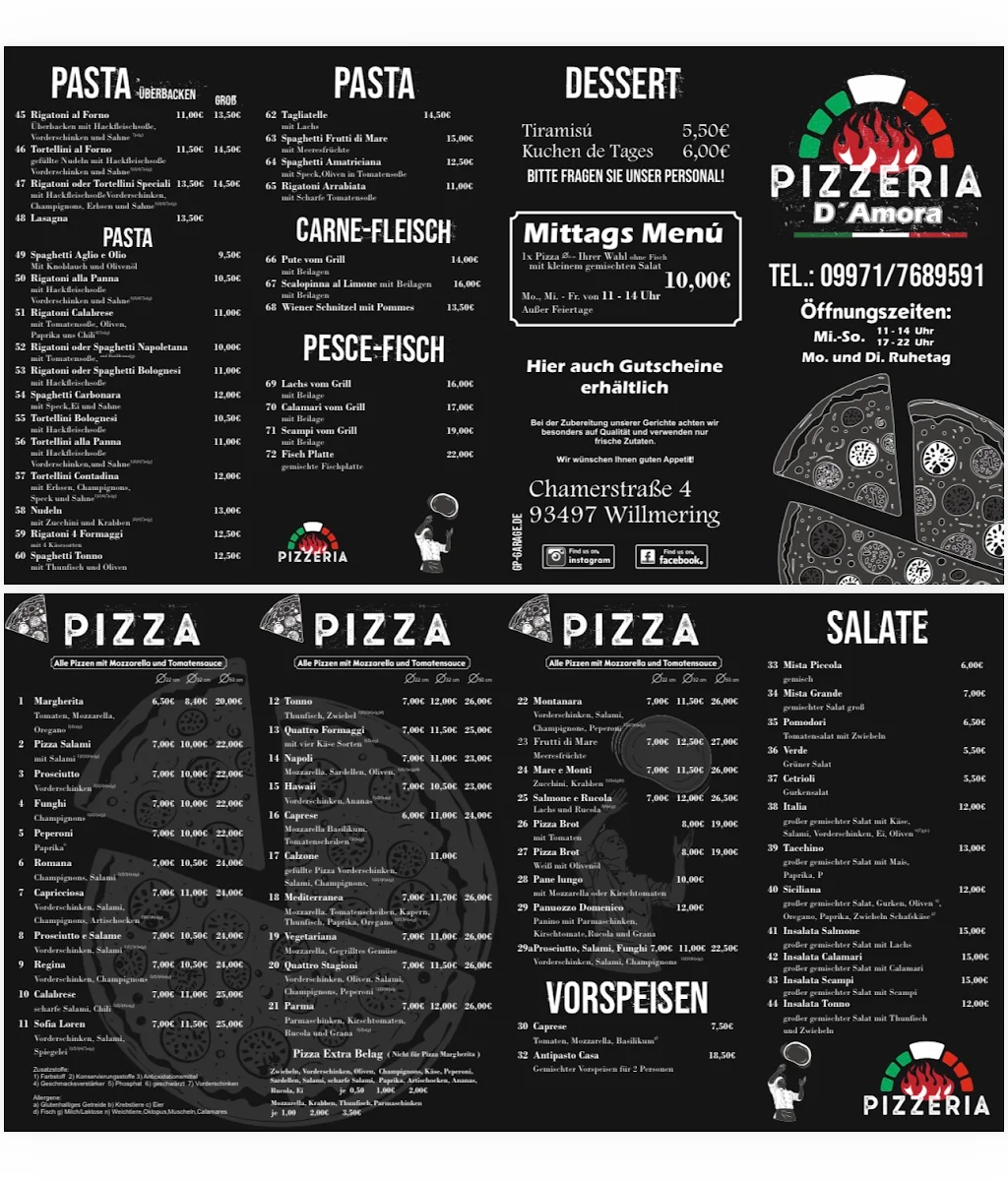 Speisekarte, Pizzeria D'Amora