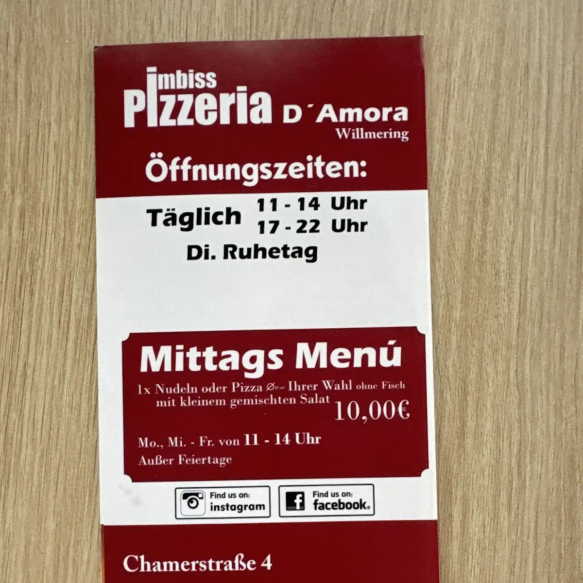 Speisekarte, Pizzeria D'Amora