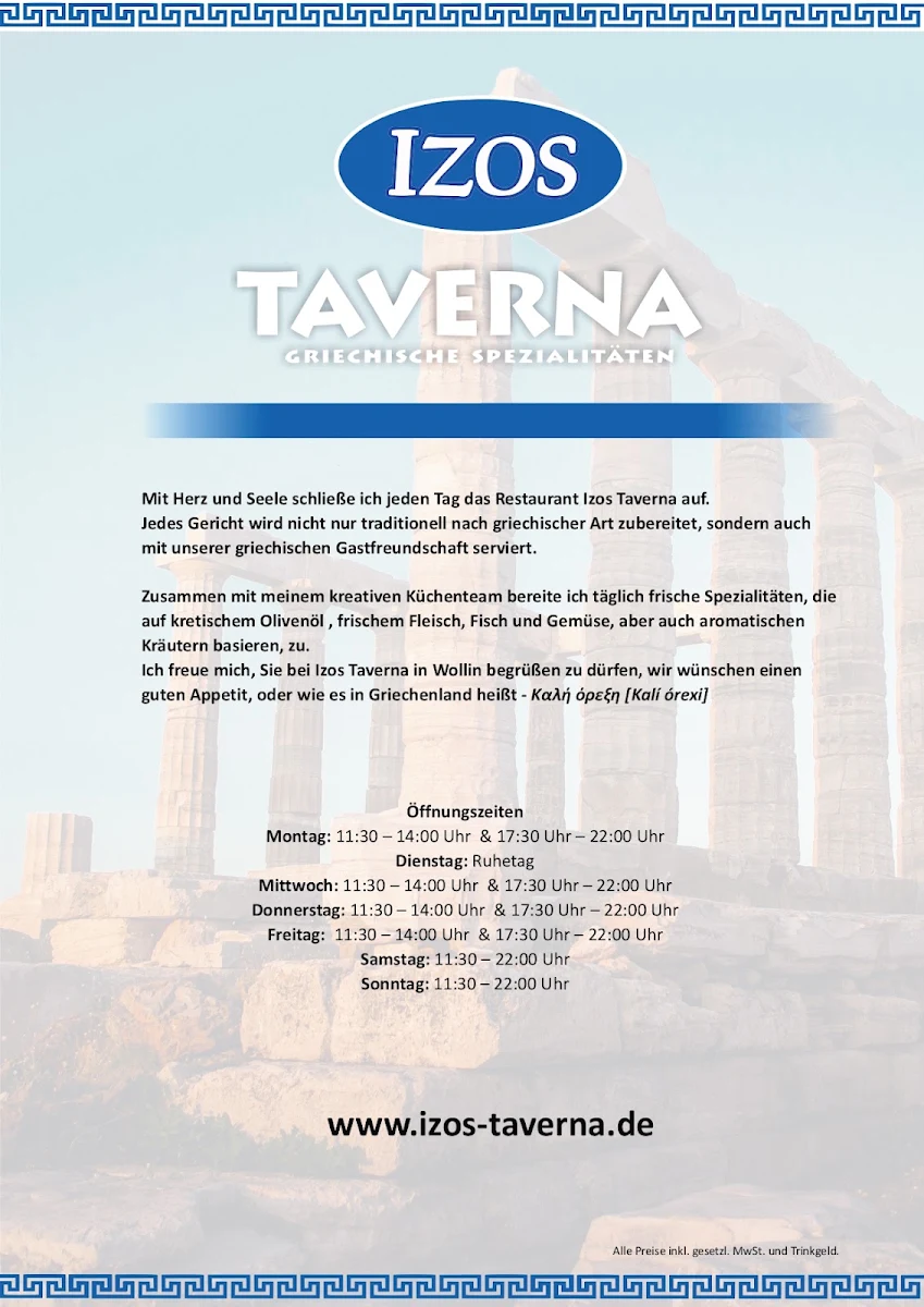 Speisekarte, Izos Taverna - Griechische Spezialitäten
