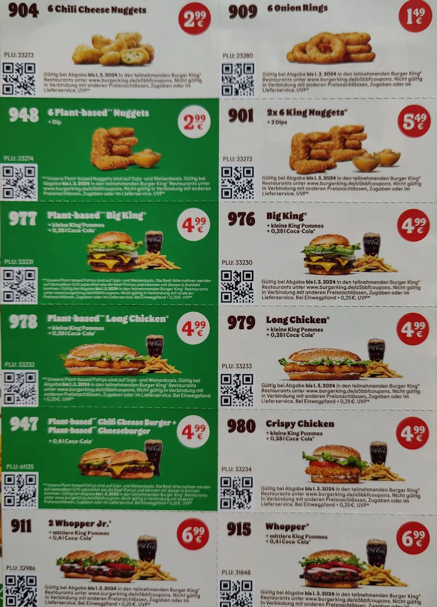 Speisekarte, Burger King Peine