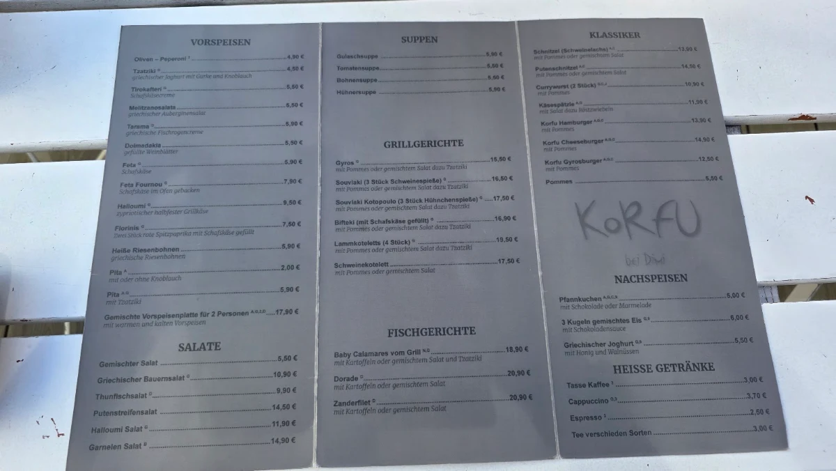 Speisekarte, Korfu bei Dimi