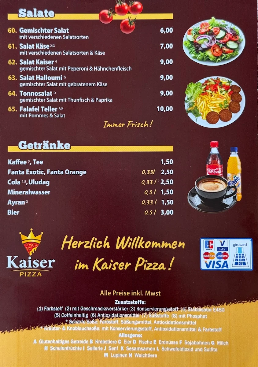 Speisekarte, Kaiser Pizza