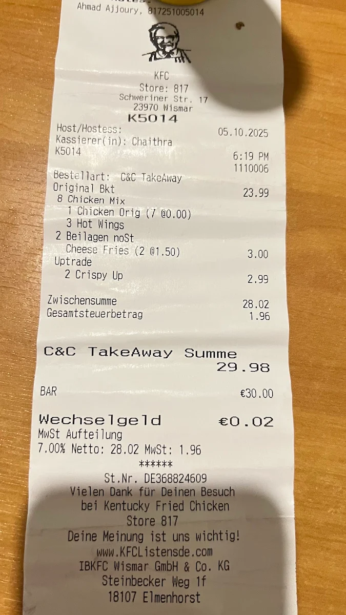 Speisekarte, Kentucky Fried Chicken