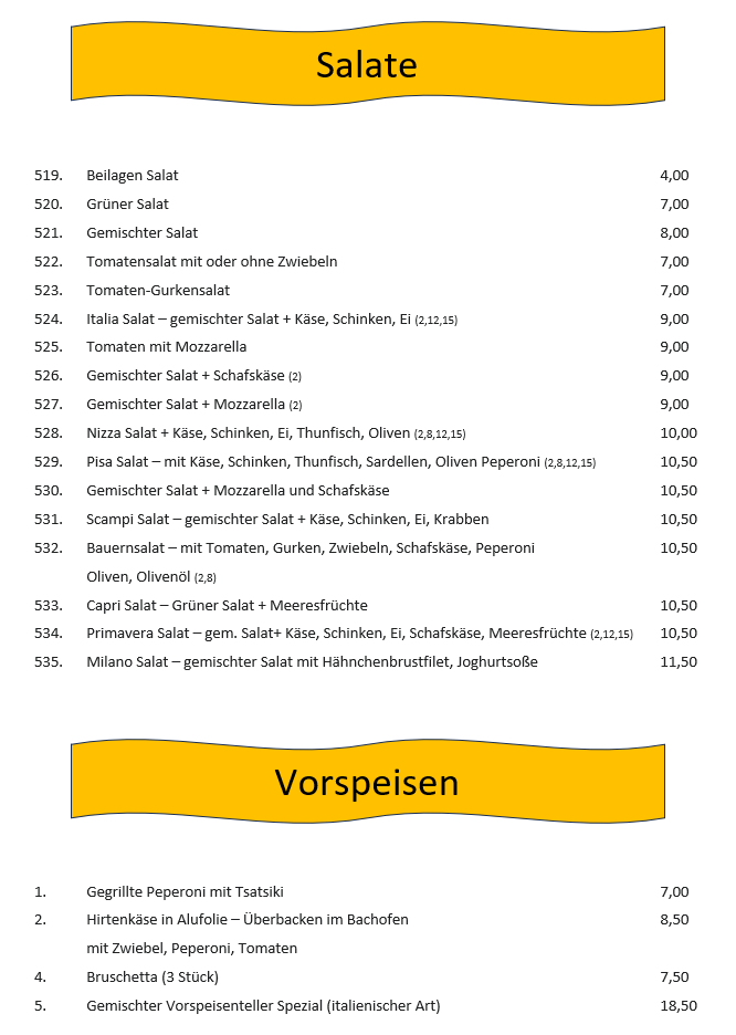 Speisekarte, Gaststätte Milano im Keglertreff Liedolsheim