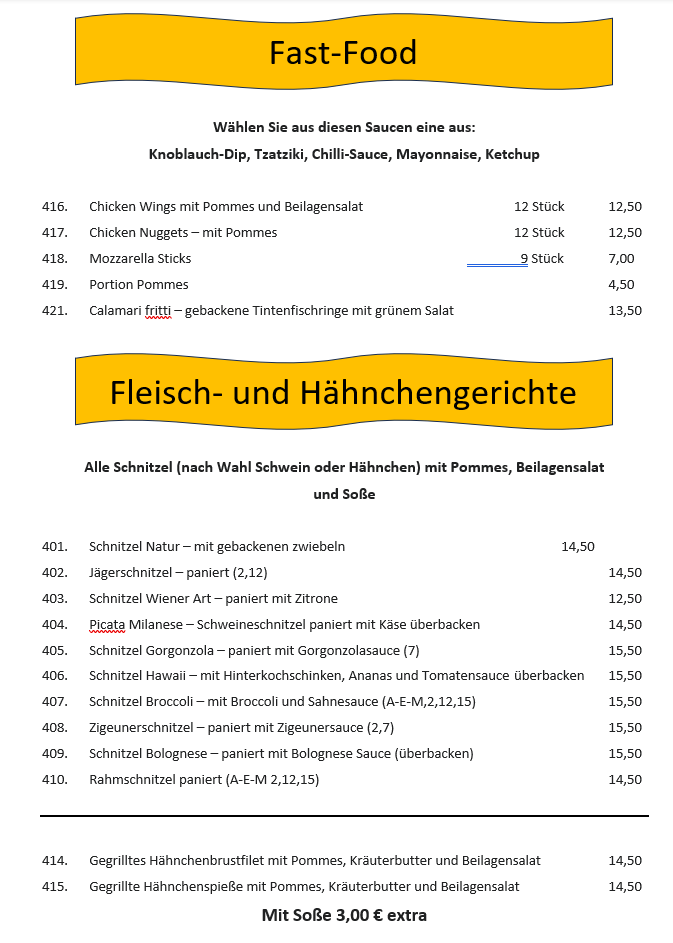 Speisekarte, Gaststätte Milano im Keglertreff Liedolsheim
