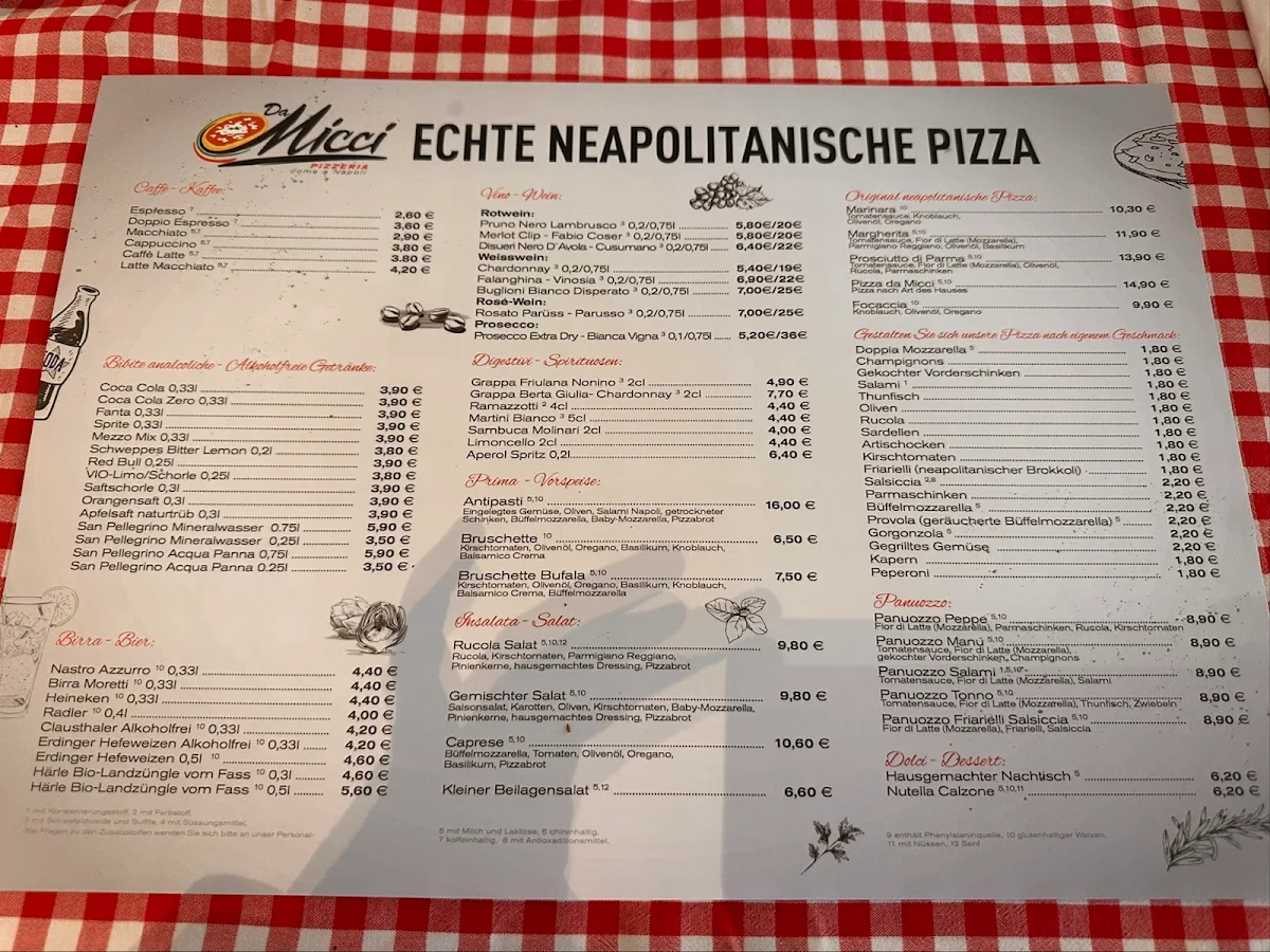 Speisekarte, Pizzeria da Micci