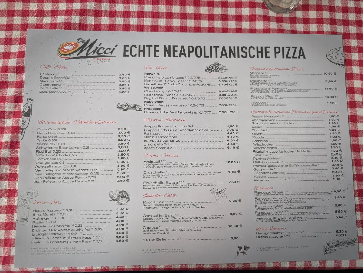 Speisekarte, Pizzeria da Micci